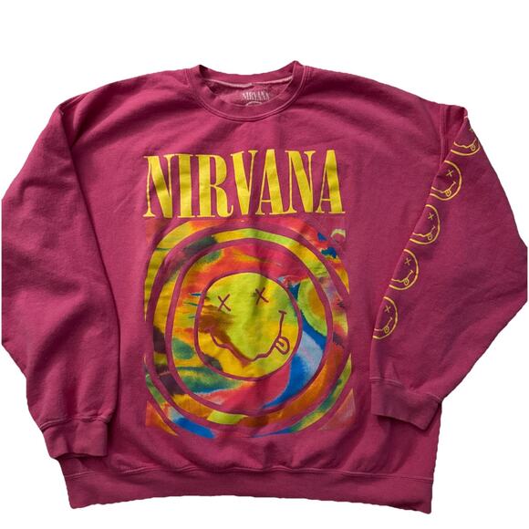 Nirvana Smiley Face Oversized Crewneck Sweatshirt Green Graphic Sleeve S/M - Picture 1 of 6